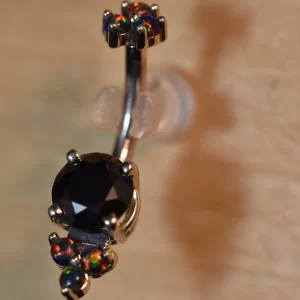 Body Gems White Gold and Black Opals Navel Jewelry